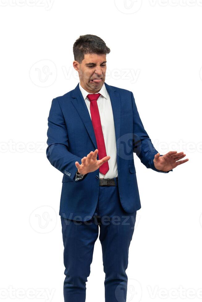 vertical Conflicted Businessman with Rejection Gesture and Contradictory Expression white background photo
