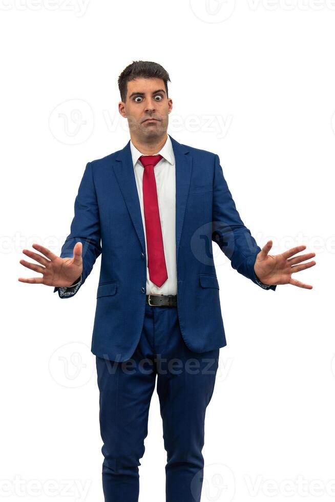 vertical Cautious Businessman with Palms Extended Forward in Rejection white background photo