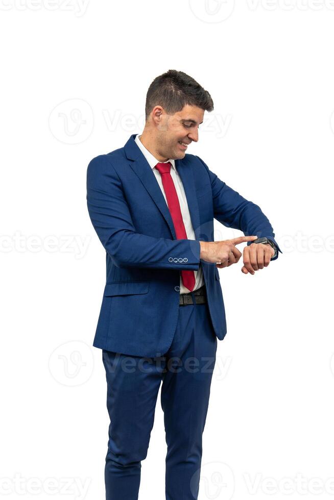 vertical Impatient Businessman Checking Watch white background photo