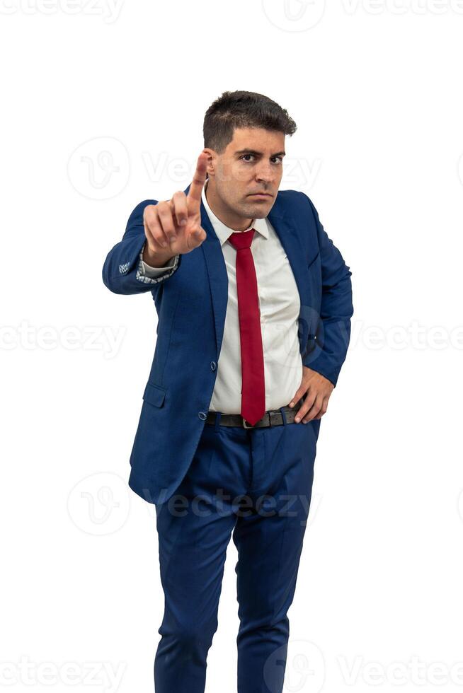 vertical Displeased Businessman Denying with Raised Finger white background photo