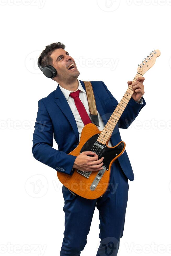 vertical Motivated Businessman Shouting While Playing Electric Guitar Solo white background photo