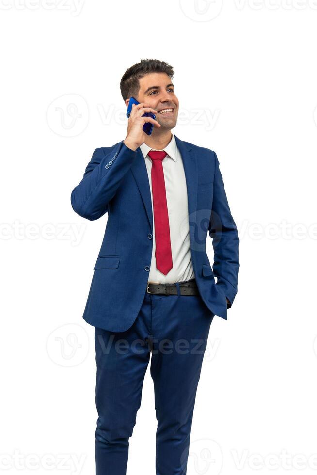 vertical Businessman in Suit Making a Phone Call with Smartphone white background photo