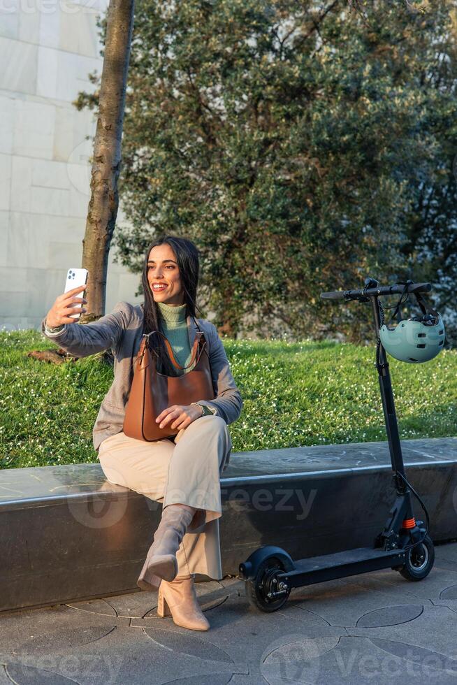 Urban Sunset Selfie Businesswoman's Moment photo