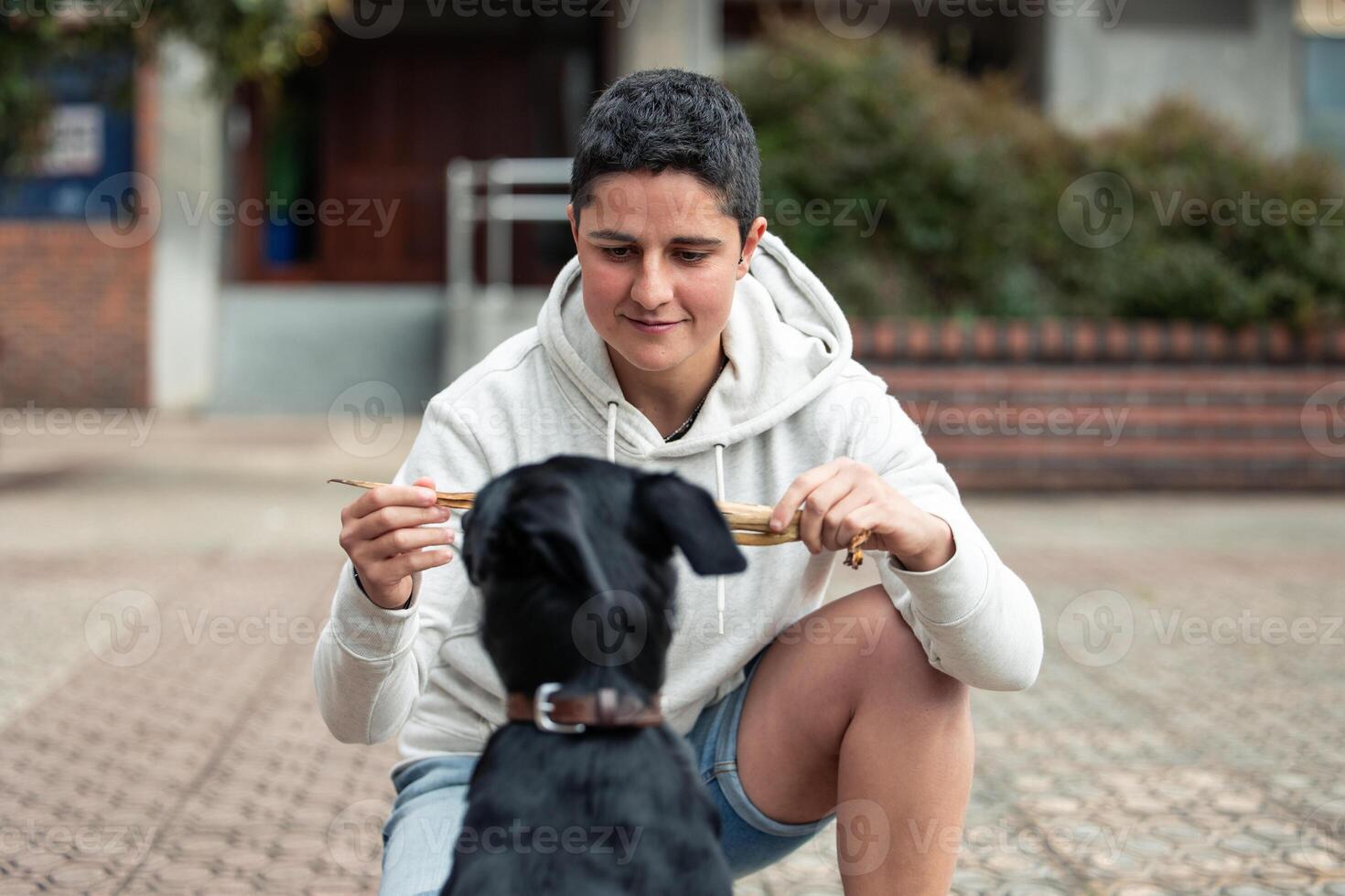 Closeup of short-haired girl holding a stick while her dog, seen from behind, grabs it with its mouth photo
