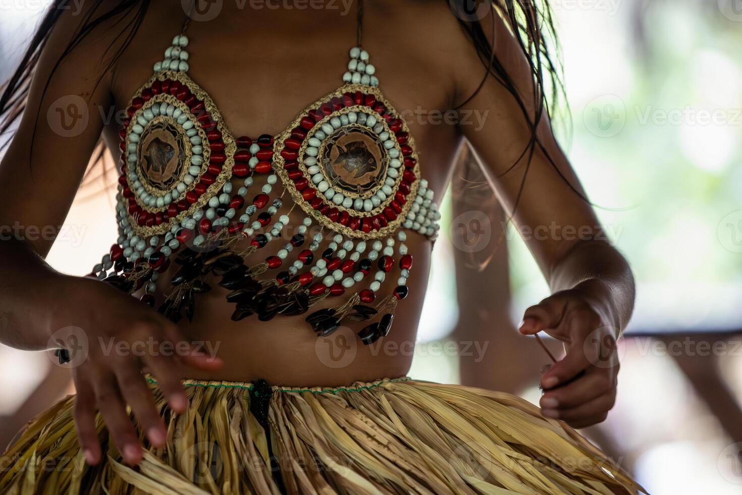 Detail of traditional dress decoration of Wayuri indigenous in Ecuadorian Amazon photo