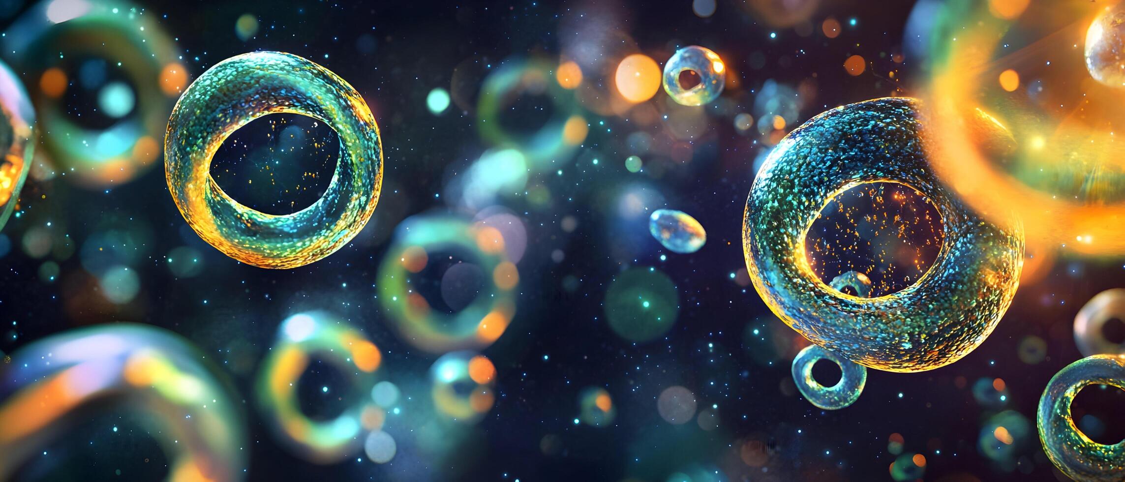 A bunch of colorful spheres are floating in the air photo