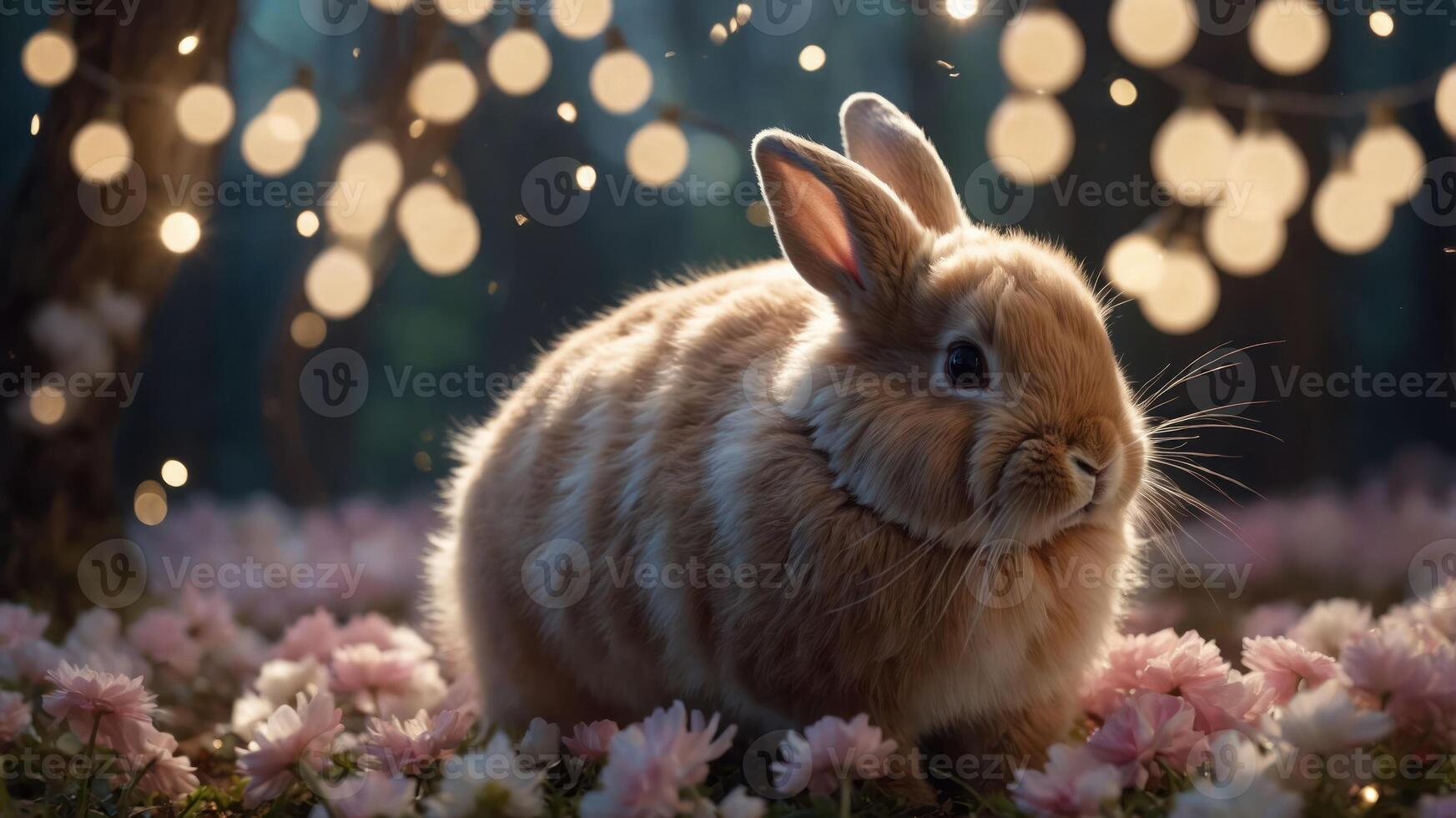 A fluffy rabbit sits among pink flowers, illuminated by soft, sparkling lights in a serene setting. photo