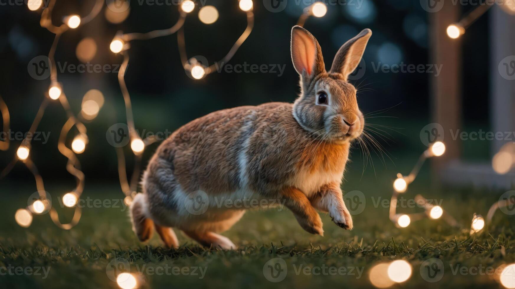 A rabbit leaps through a garden adorned with twinkling fairy lights at dusk. photo