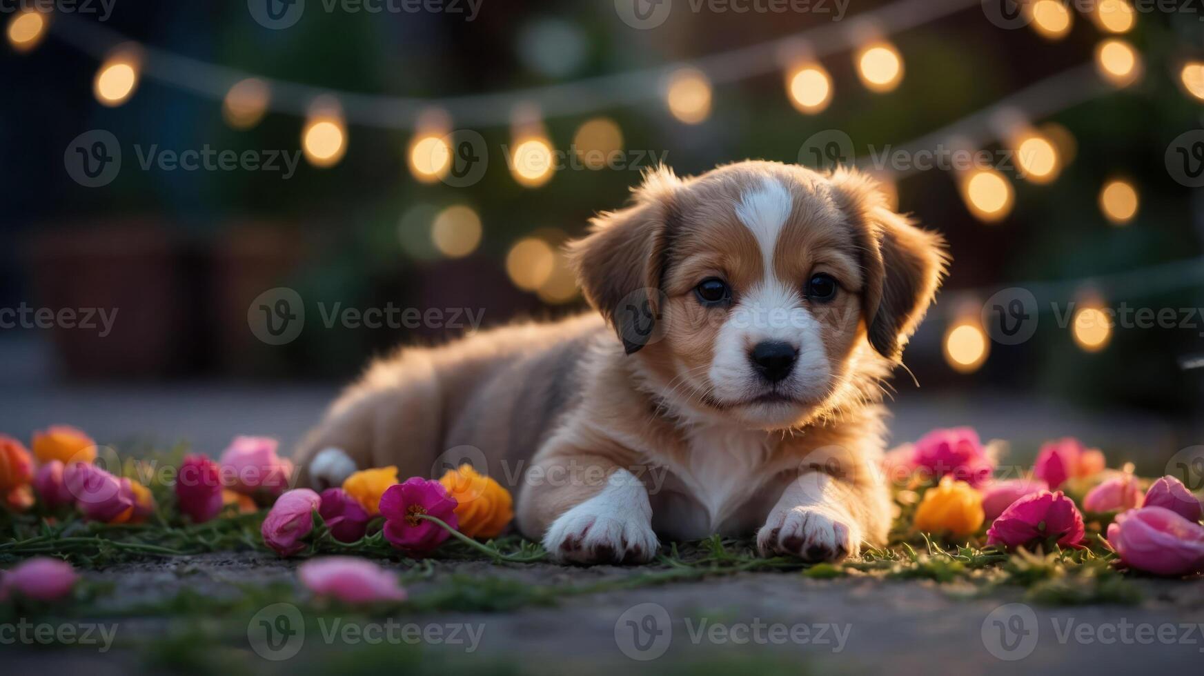 A cute puppy surrounded by colorful flowers and soft lights, creating a warm atmosphere. photo