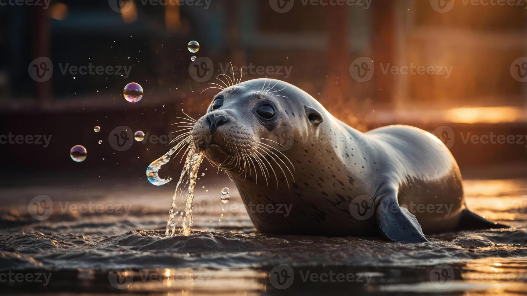 A playful seal blowing bubbles while lounging by the water's edge. photo