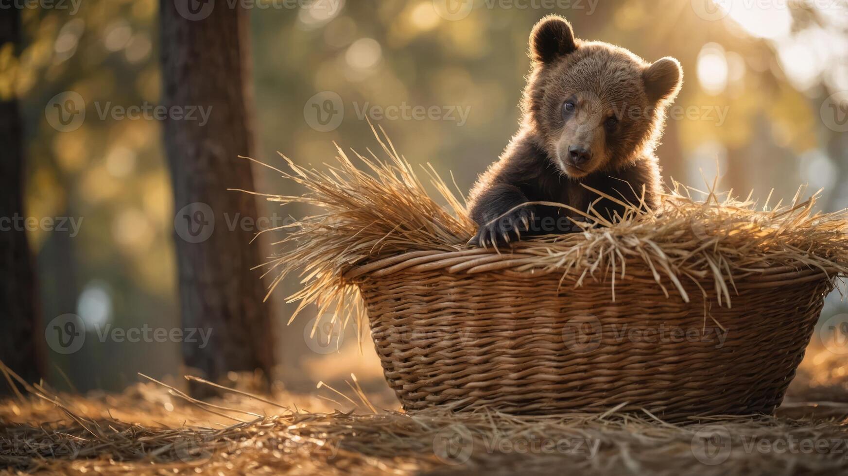 A young bear sitting in a woven basket filled with straw, surrounded by a forest backdrop. photo