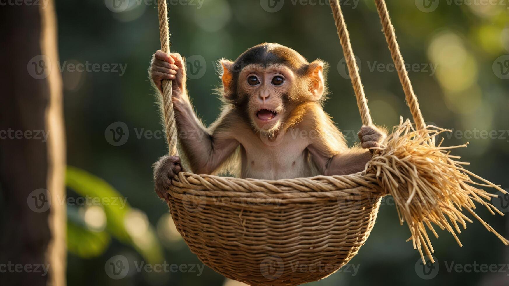A playful monkey sitting in a woven basket, expressing curiosity and joy in a natural setting. photo