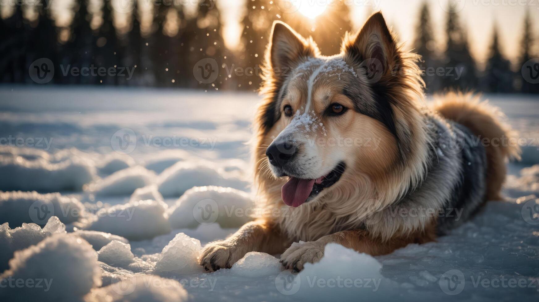 A dog resting on snow with sunlight and trees in the background. photo