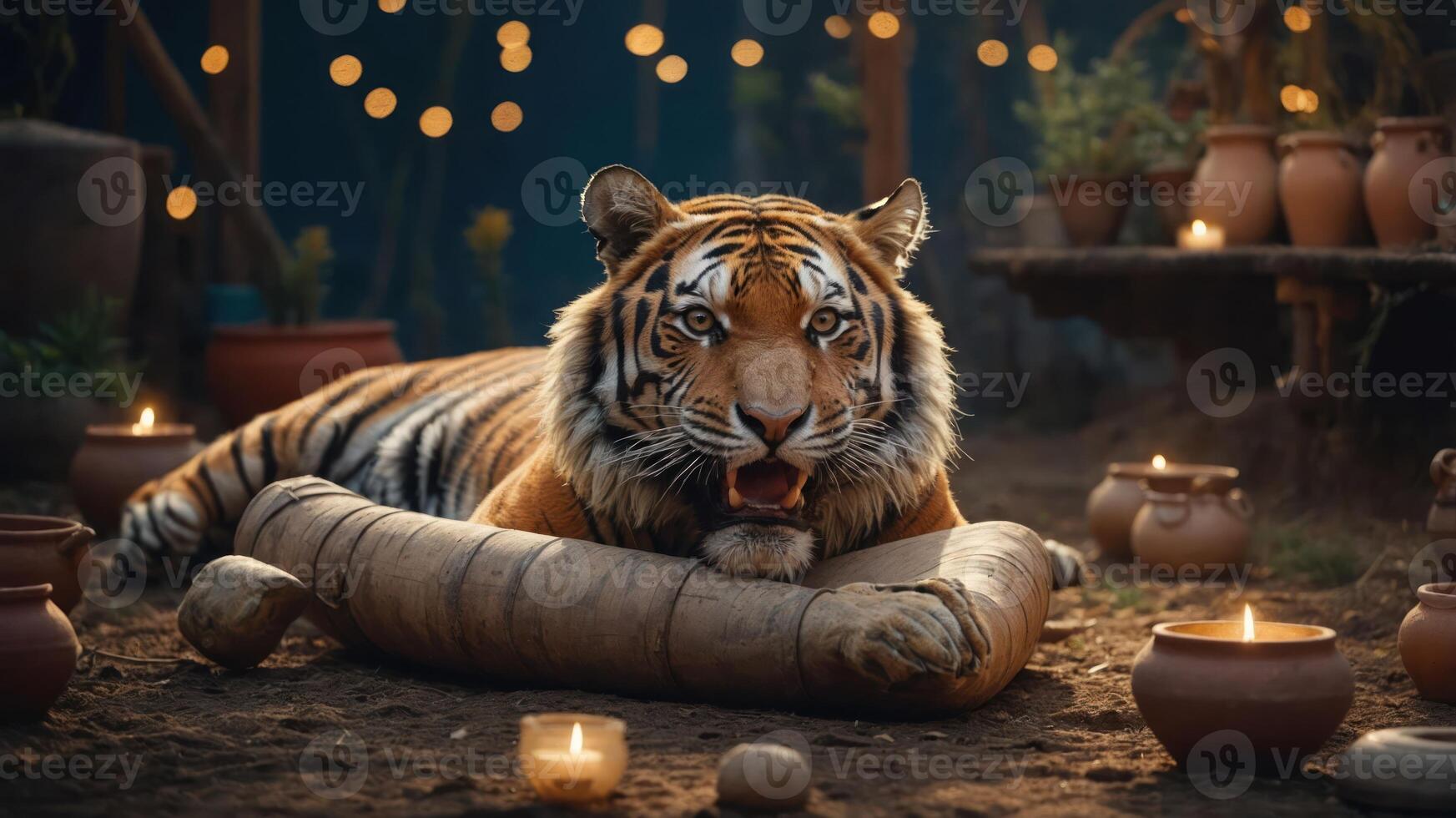 A majestic tiger resting on a cushion surrounded by candles in a serene setting. photo