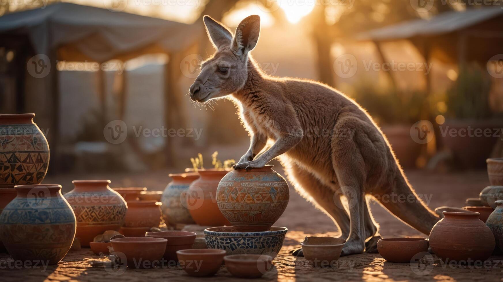 A kangaroo interacting with various decorative pottery in a warm, sunlit setting. photo