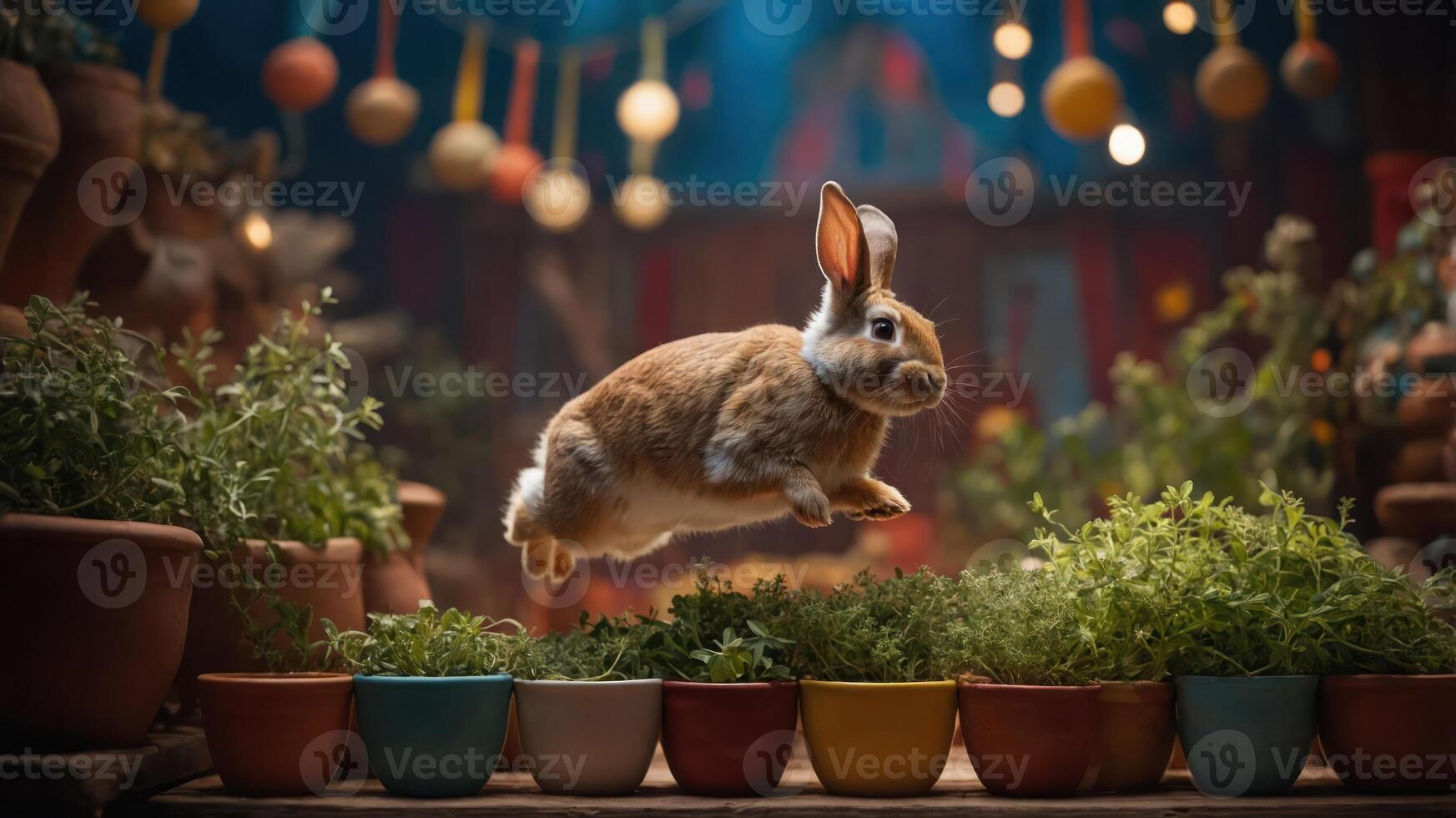 A rabbit leaps over colorful pots of greenery in a vibrant, festive setting. photo