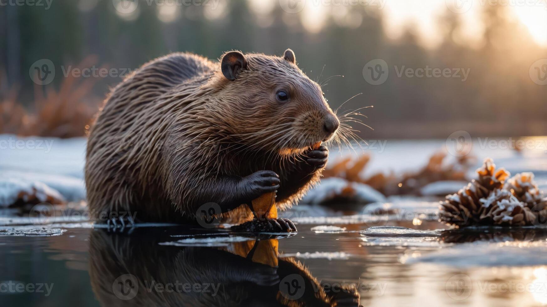 A beaver forages near the water's edge during sunset, surrounded by nature. photo