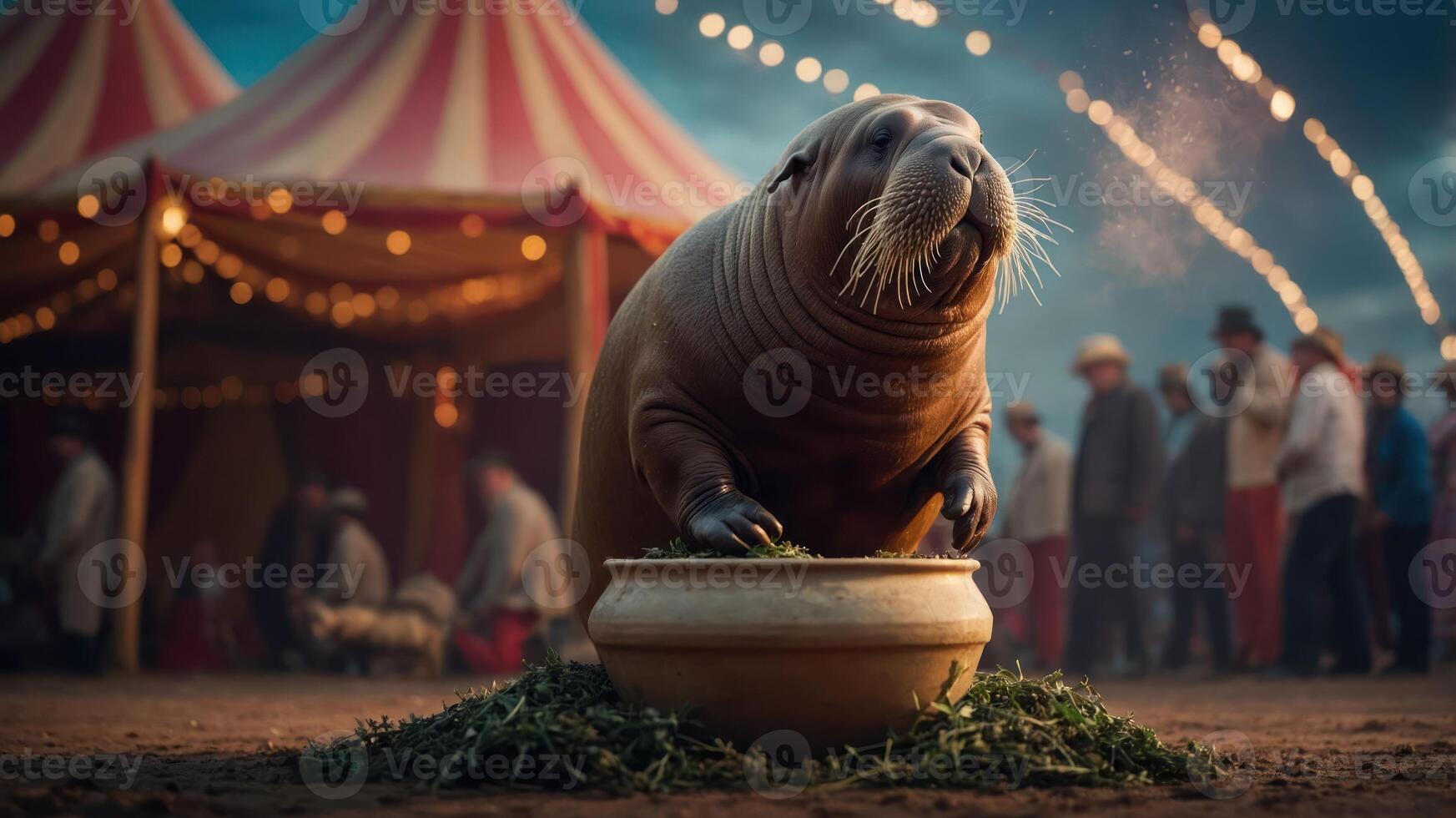 A walrus performing at a circus, surrounded by a festive atmosphere and audience. photo