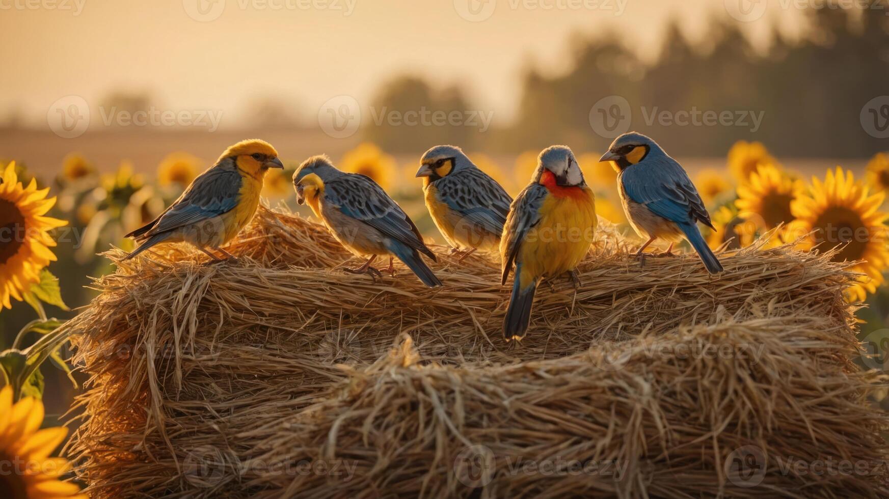 A group of colorful birds perched on a haystack amidst a sunflower field at sunset. photo