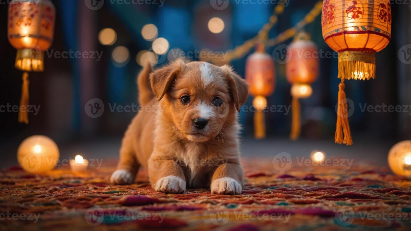 A cute puppy on a colorful rug surrounded by glowing lanterns and candles. photo