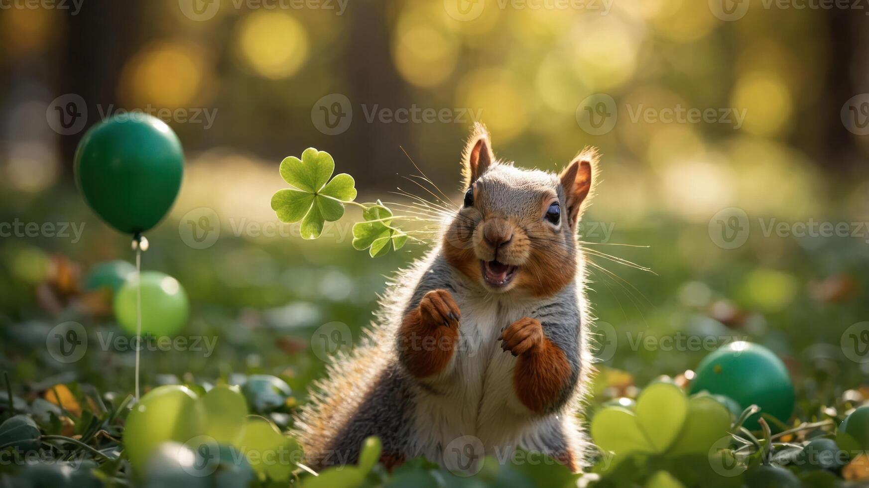 A cheerful squirrel surrounded by clovers and green balloons in a sunlit setting. photo