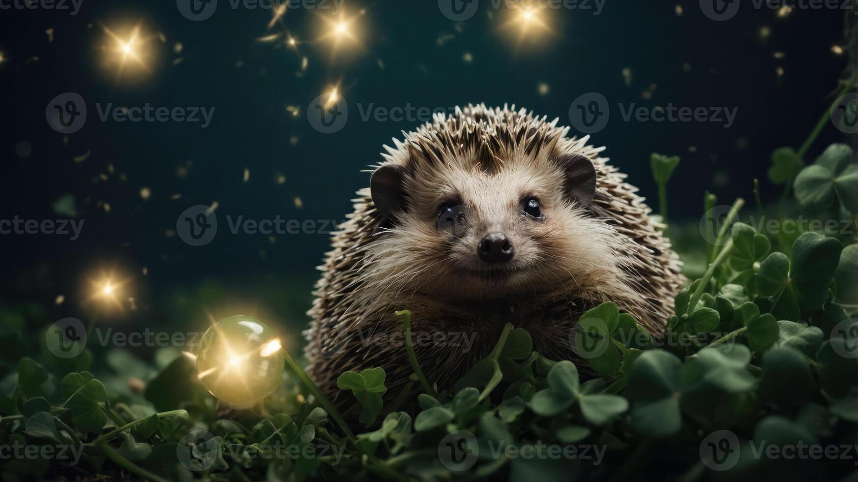 A charming hedgehog surrounded by clovers and glowing sparkles in a mystical setting. photo