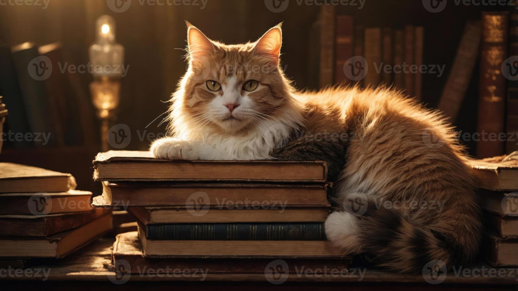 A cat lounging on a stack of books in a warm, cozy setting. photo