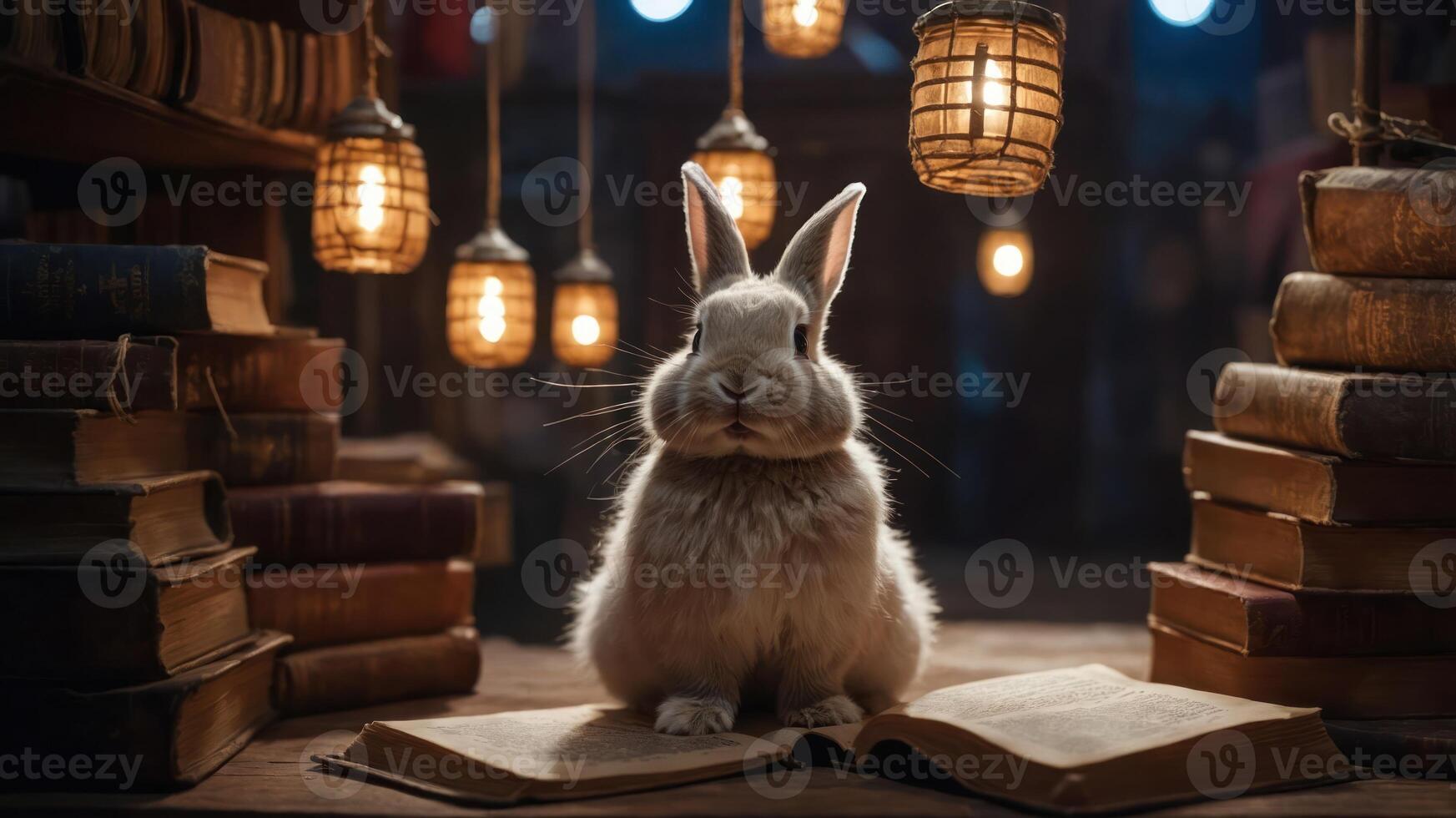 A serene rabbit sits on open books under glowing lanterns in a cozy library setting. photo