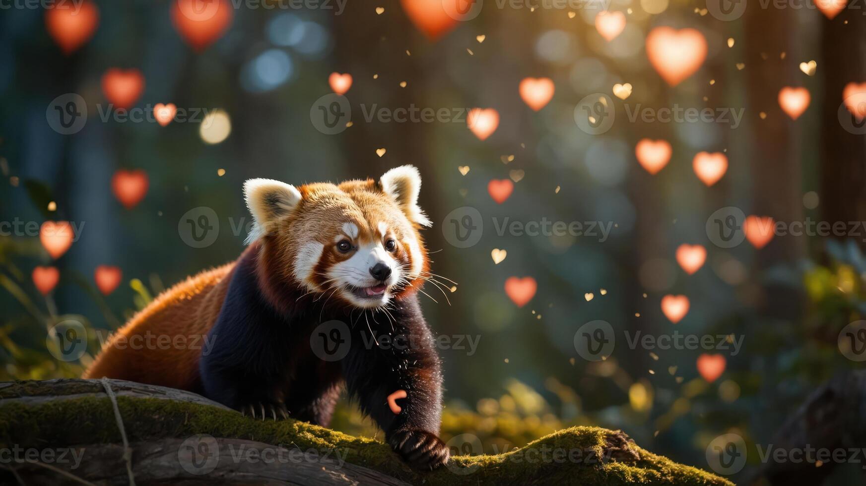 A red panda surrounded by floating hearts in a serene forest setting. photo