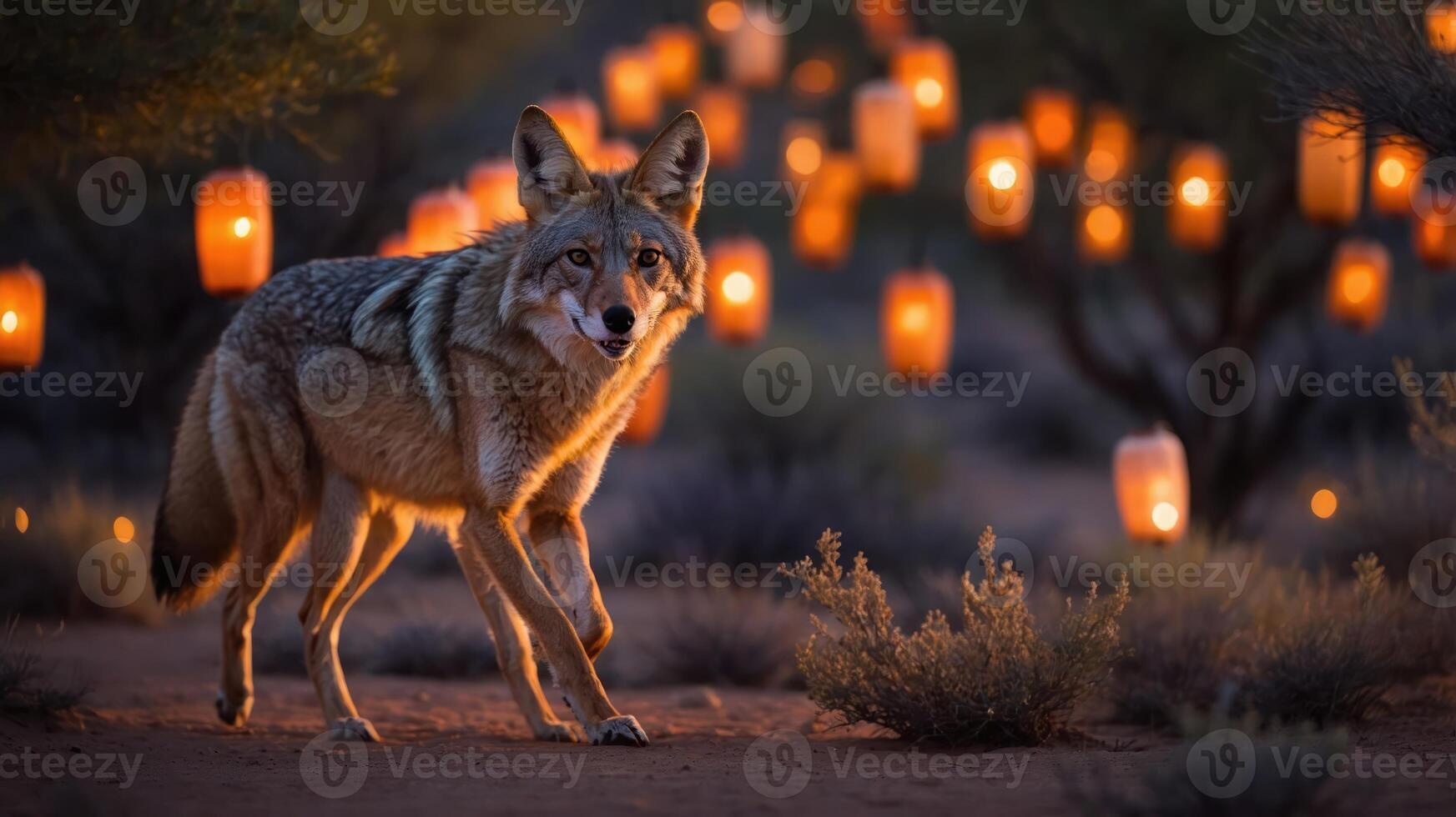 A coyote walks through a desert landscape illuminated by glowing lanterns at dusk. photo