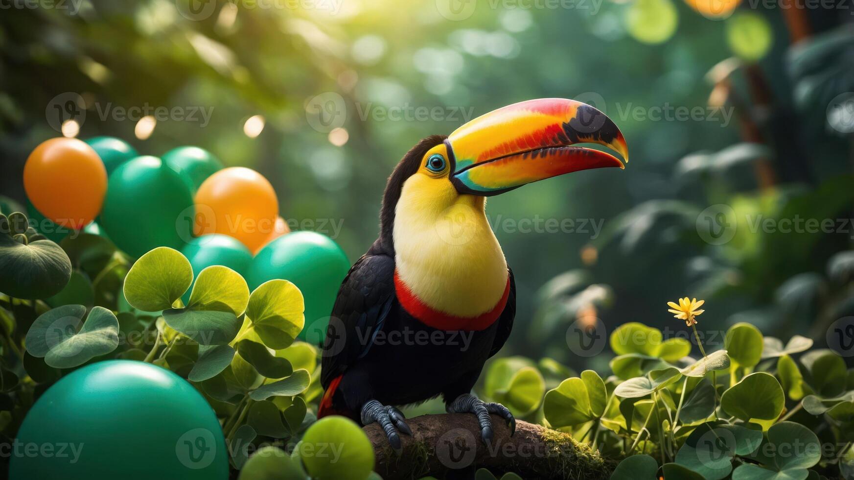 A colorful toucan perched on a branch amidst festive balloons and lush greenery. photo