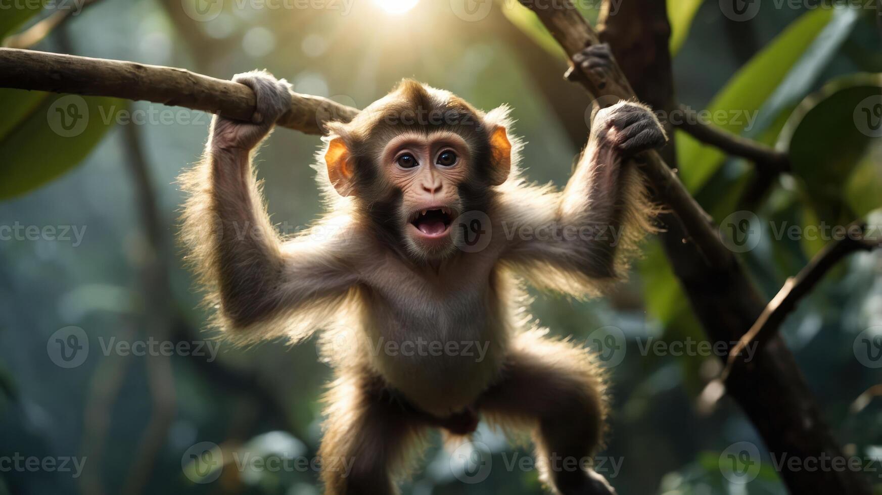 A playful monkey hanging from a branch in a lush, sunlit forest. photo
