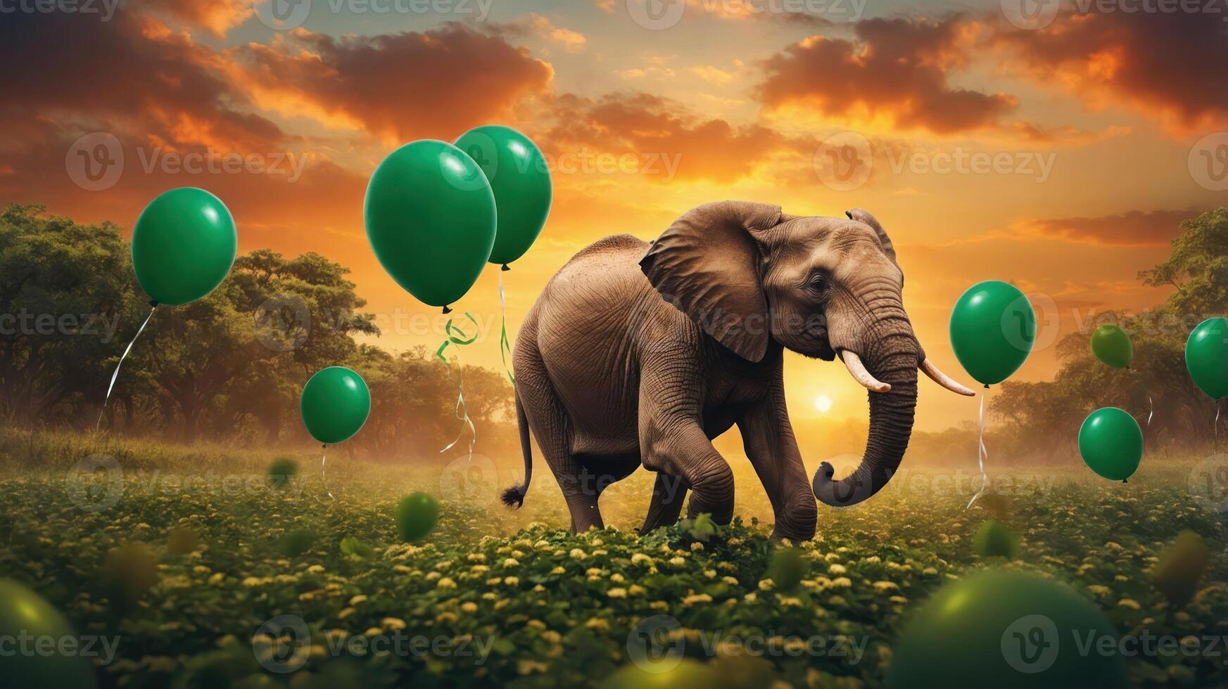 An elephant playfully interacts with green balloons at sunset in a vibrant landscape. photo