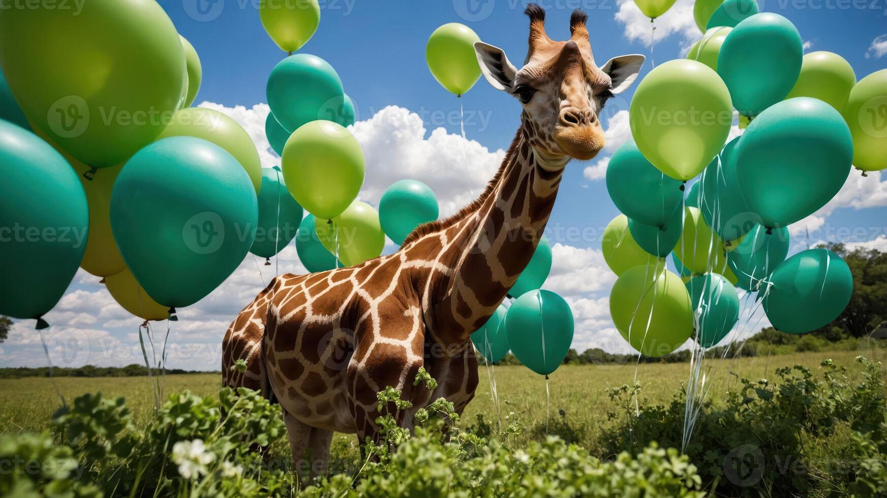 A giraffe stands among green balloons in a sunny field, creating a whimsical atmosphere. photo