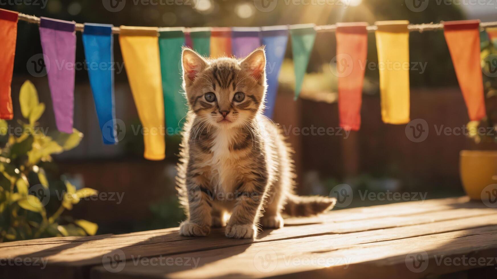 A cute kitten poses in sunlight with colorful bunting in the background. photo