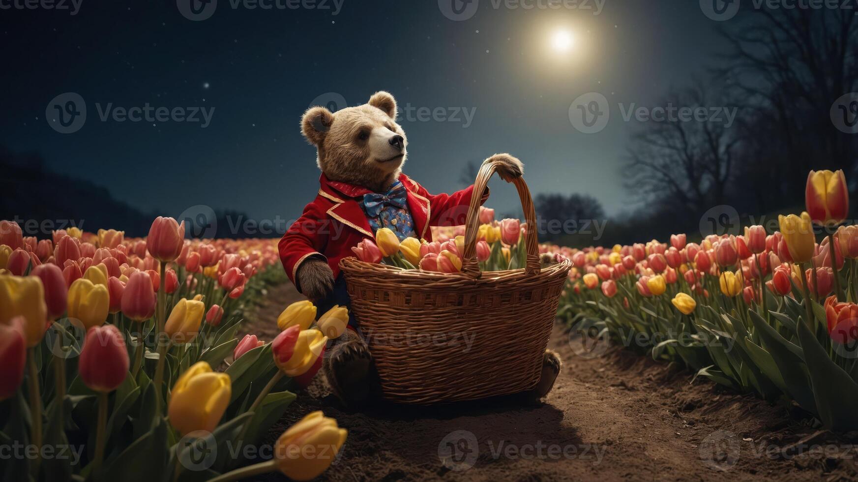 A bear in a red coat holds a basket among colorful tulips under a moonlit sky. photo