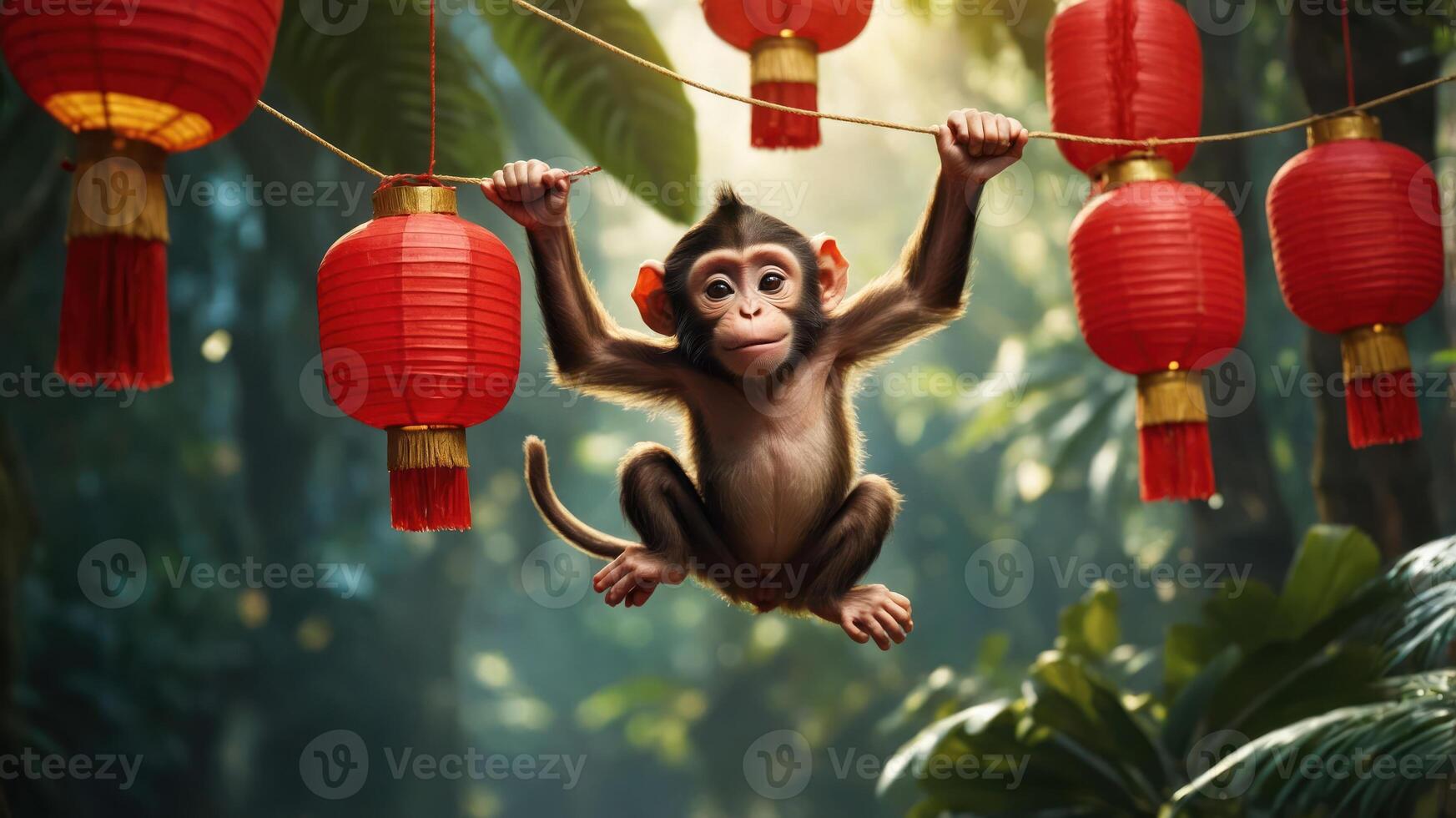 A playful monkey swings among red lanterns in a lush jungle setting. photo