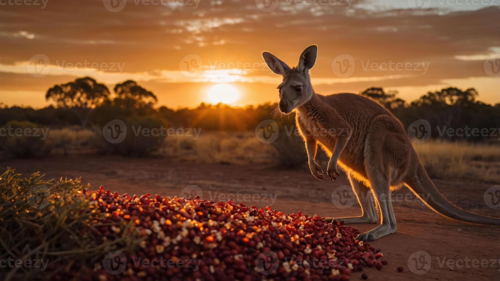 A kangaroo stands near a pile of berries at sunset in a serene Australian landscape. photo