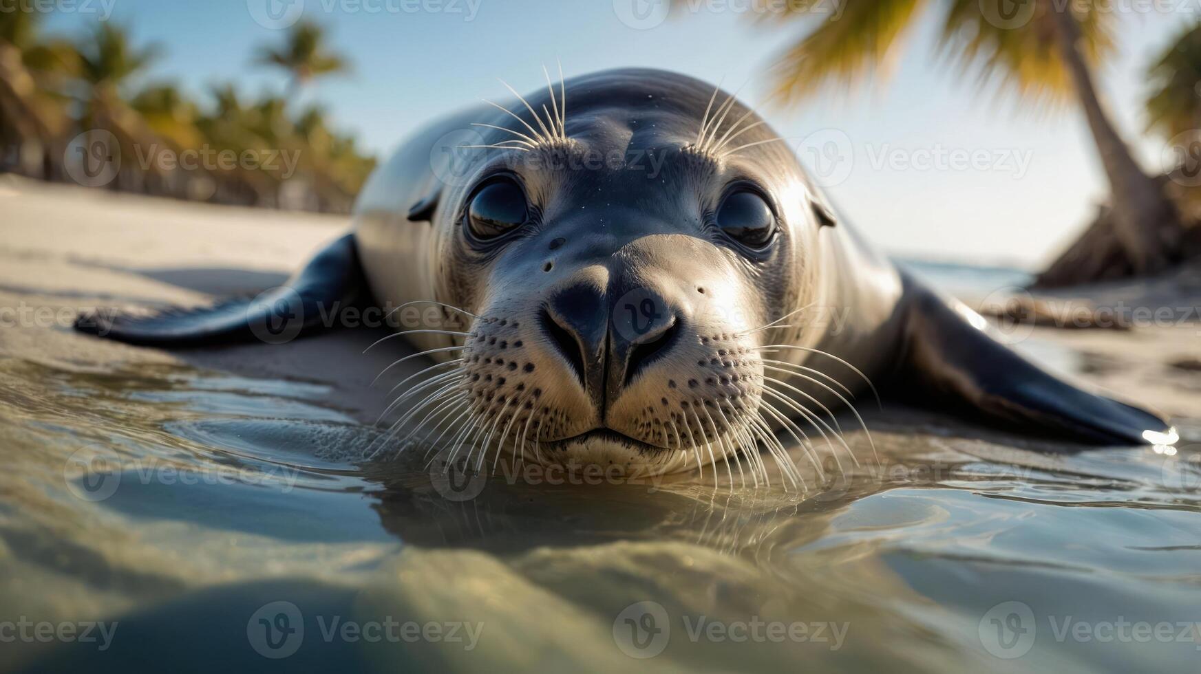 A close-up of a seal resting on the beach, surrounded by water and palm trees. photo