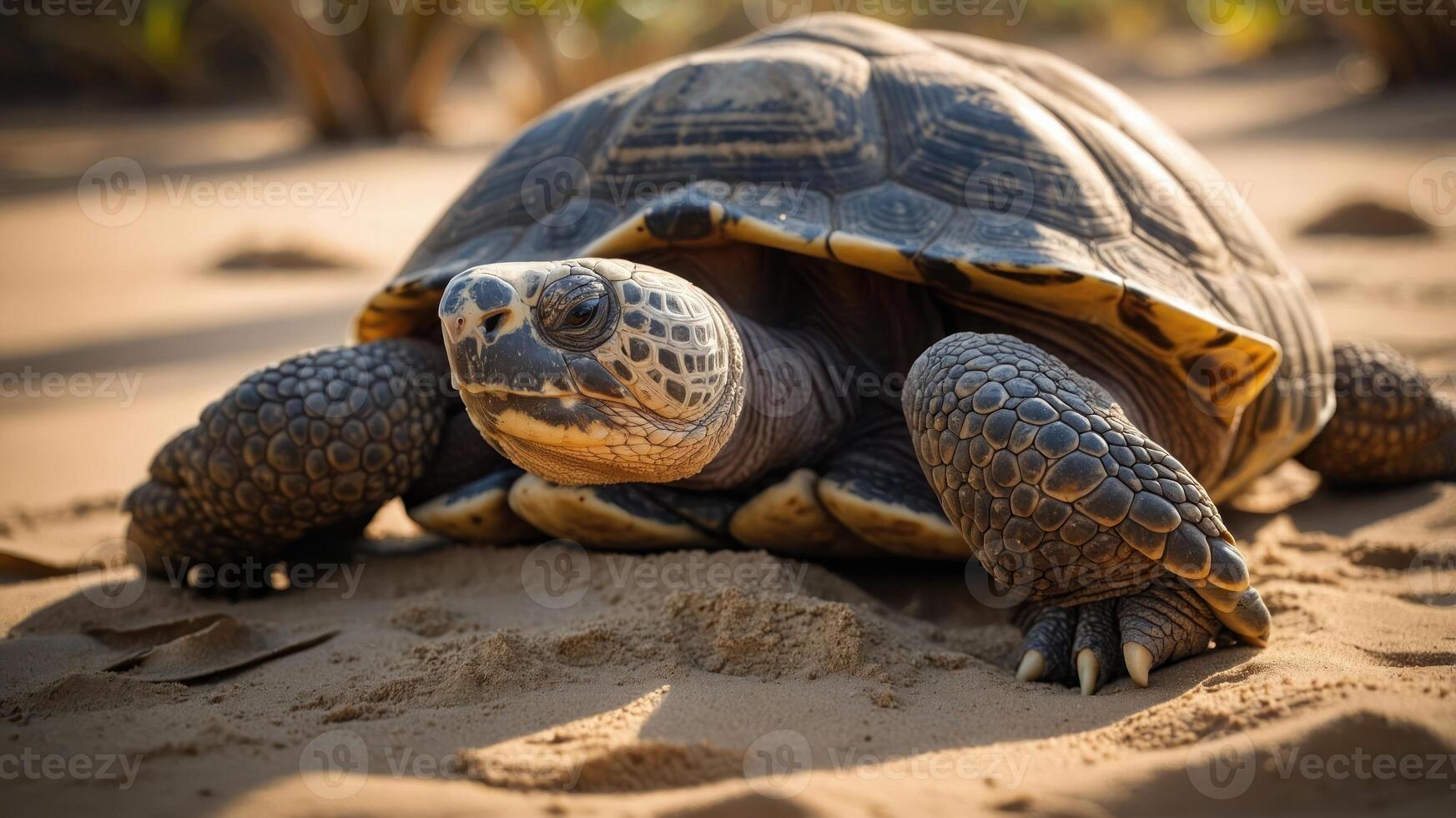 A close-up of a tortoise resting on sandy terrain in a natural setting. photo
