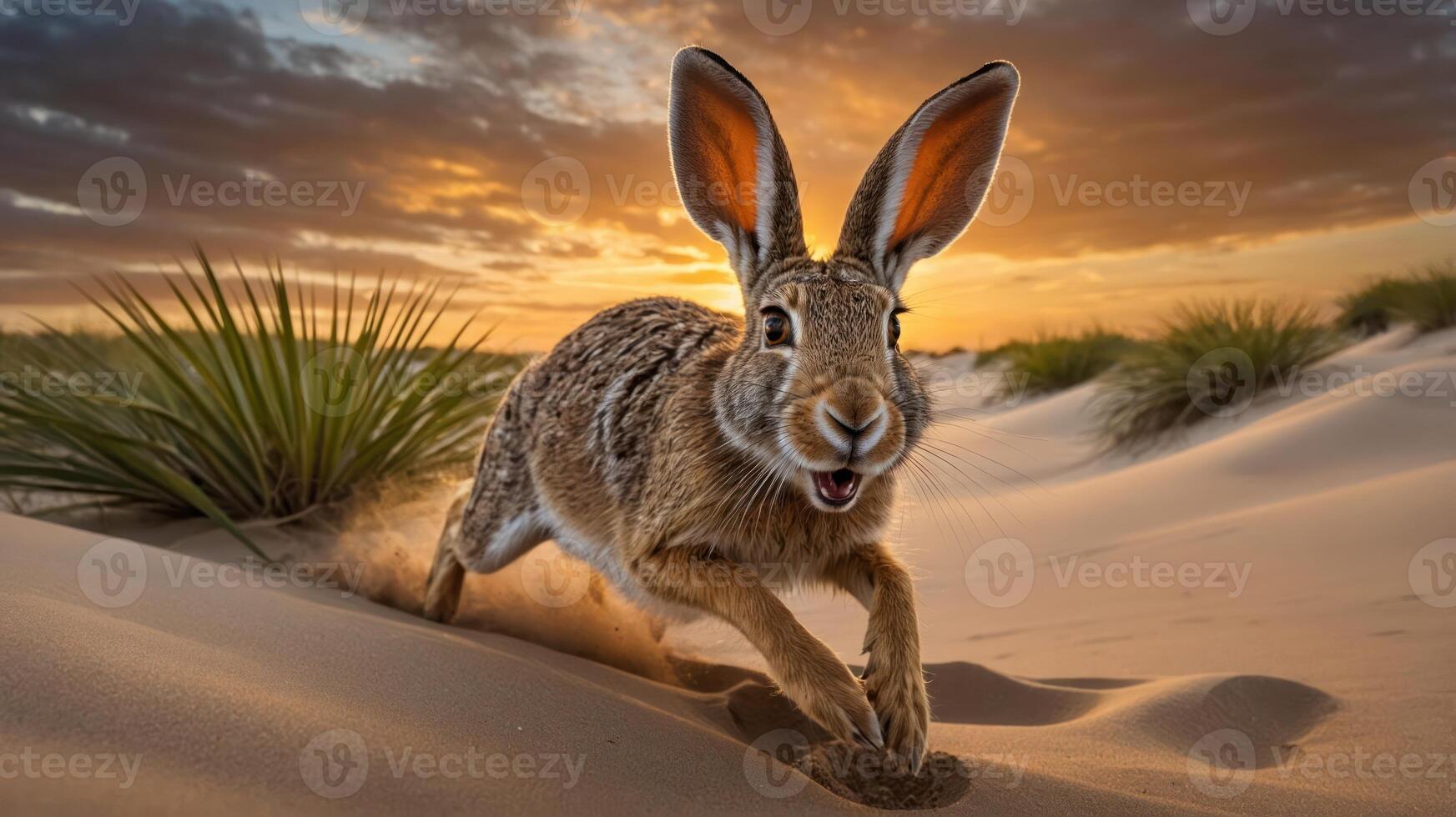 A rabbit sprinting across sandy terrain at sunset, showcasing wildlife in a natural setting. photo