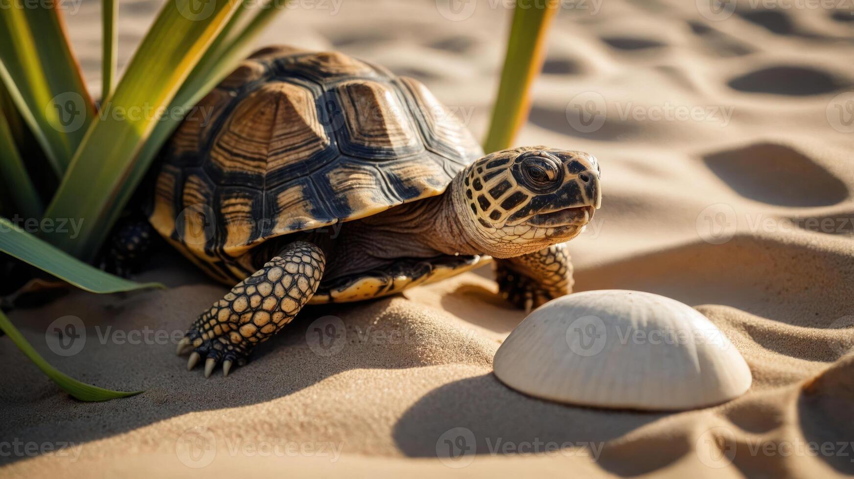 A tortoise resting on sandy ground near a shell and plants. photo