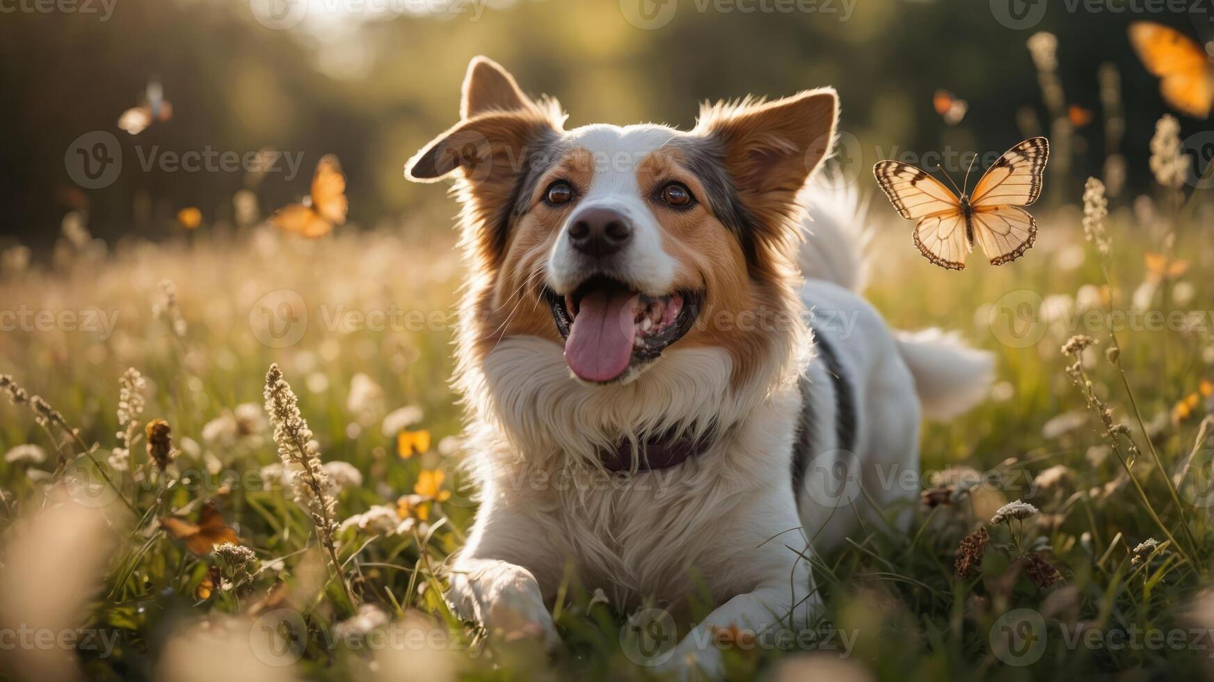 A happy dog playing in a flower-filled field with butterflies. photo