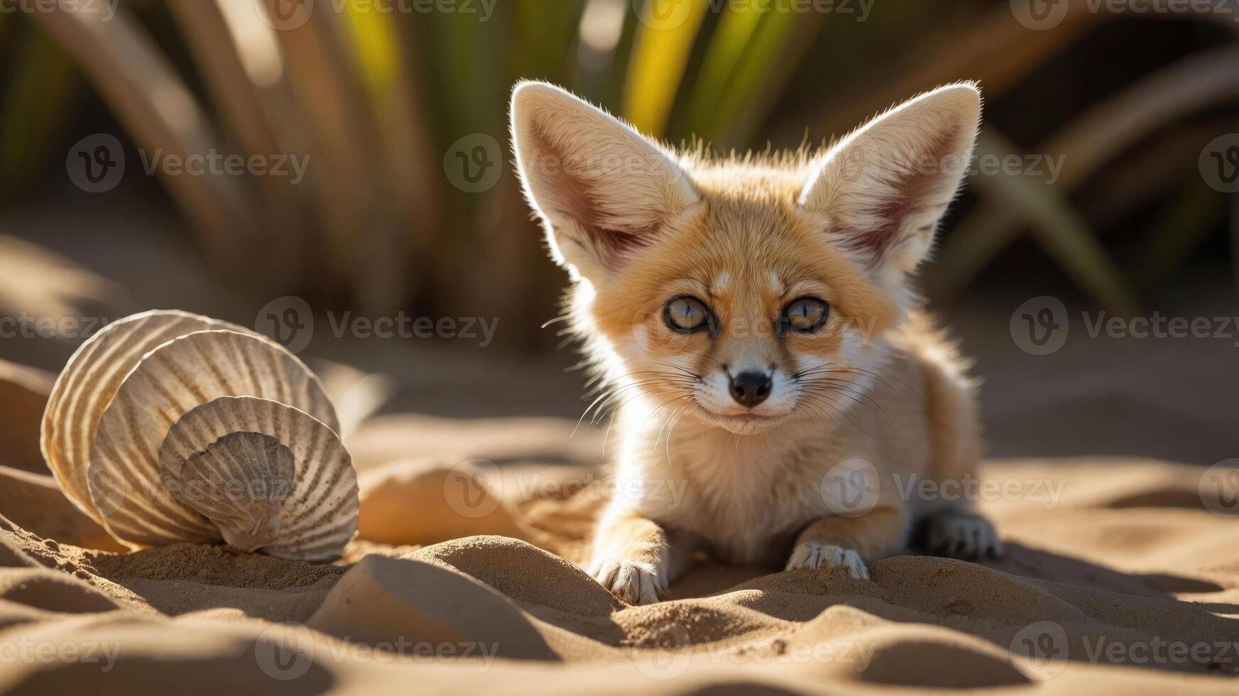 A fennec fox resting on sandy ground beside a shell in a desert environment. photo