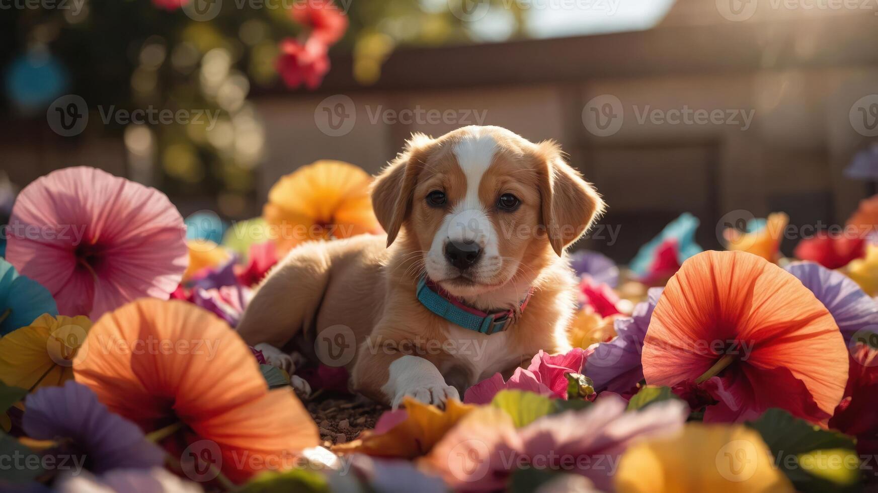 A puppy resting among colorful flowers, creating a playful and vibrant scene. photo