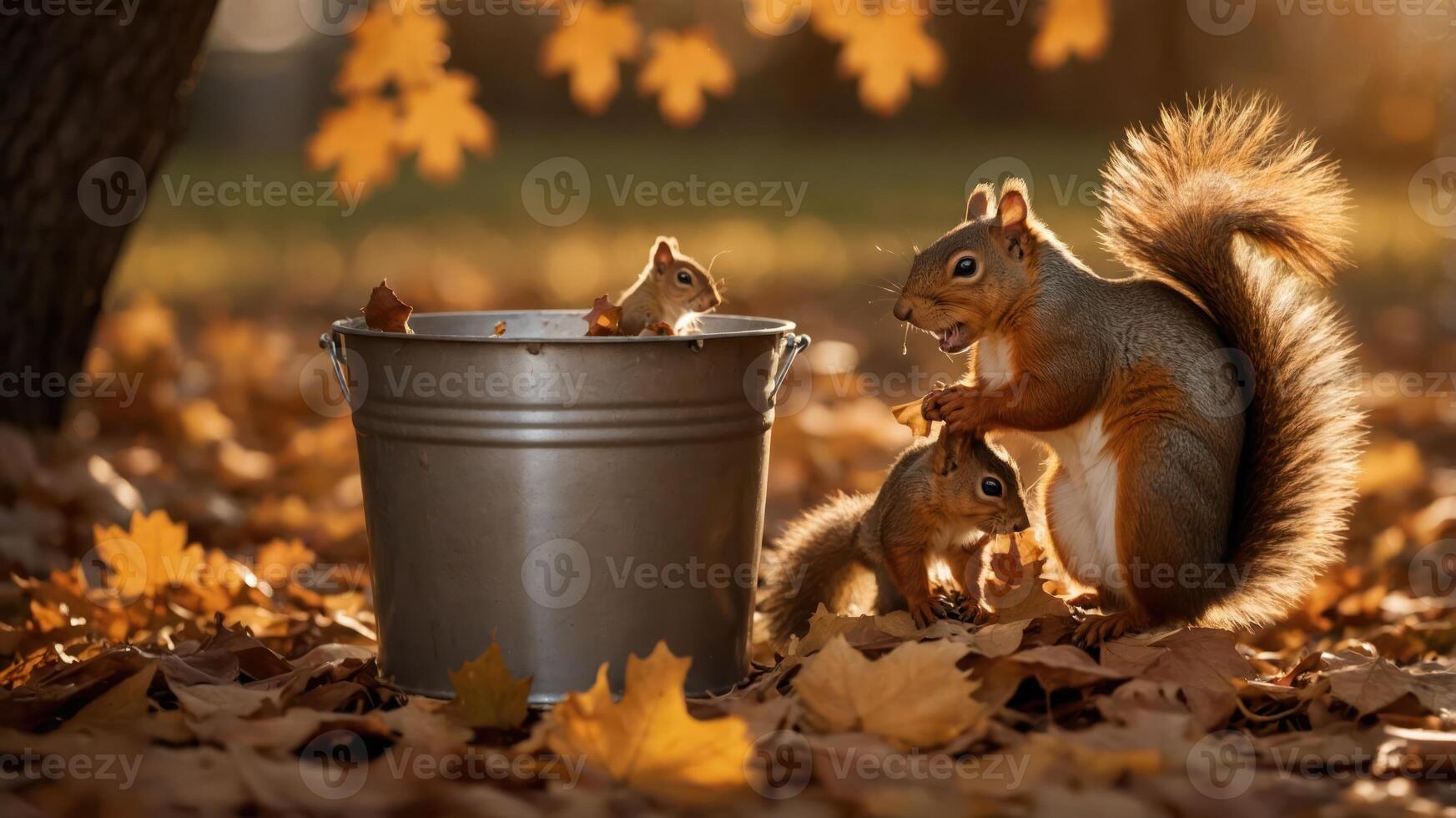 A mother squirrel and two young squirrels play near a bucket in a colorful autumn setting. photo