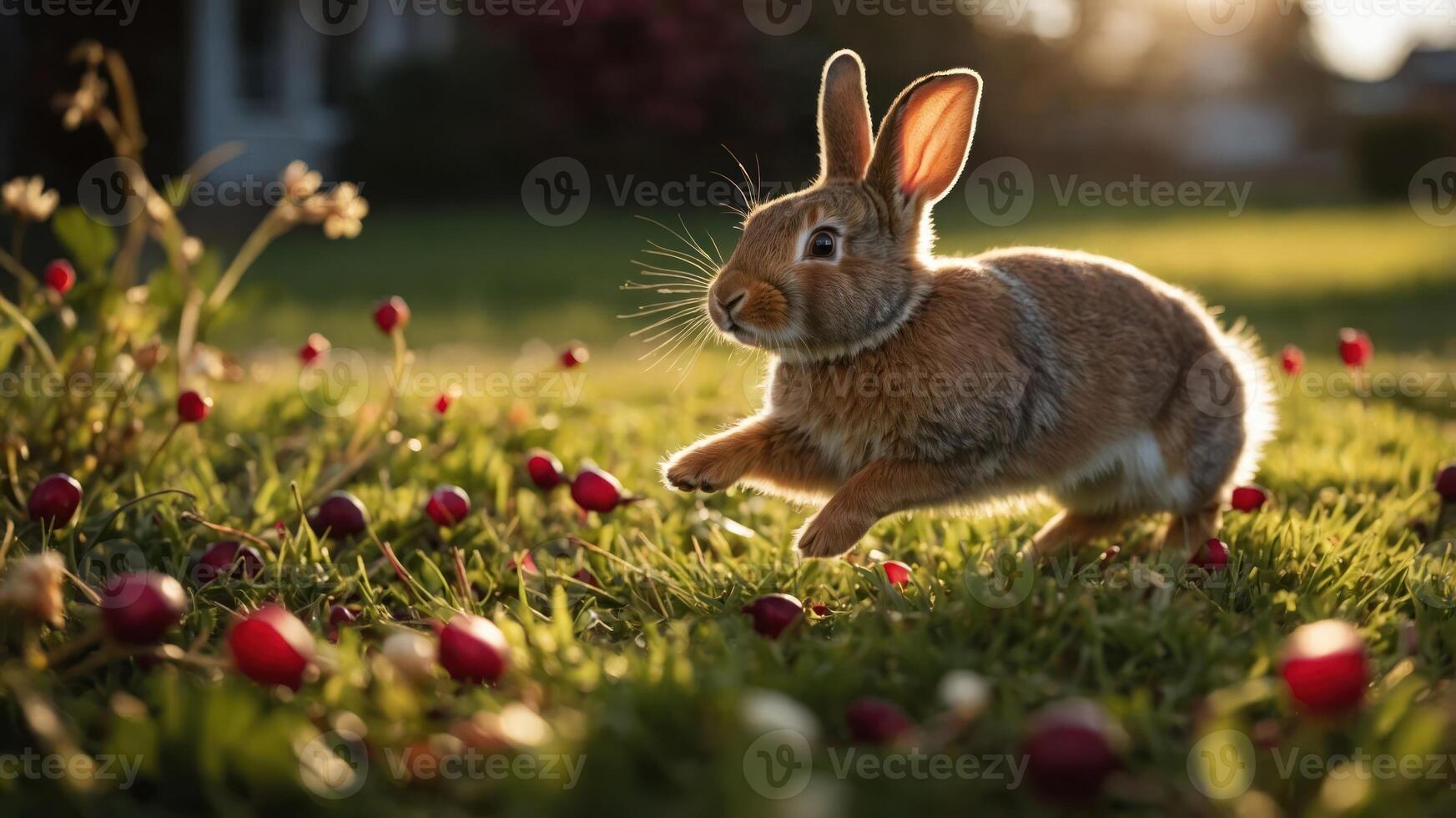 A rabbit hops through a grassy field scattered with red fruits, illuminated by sunlight. photo