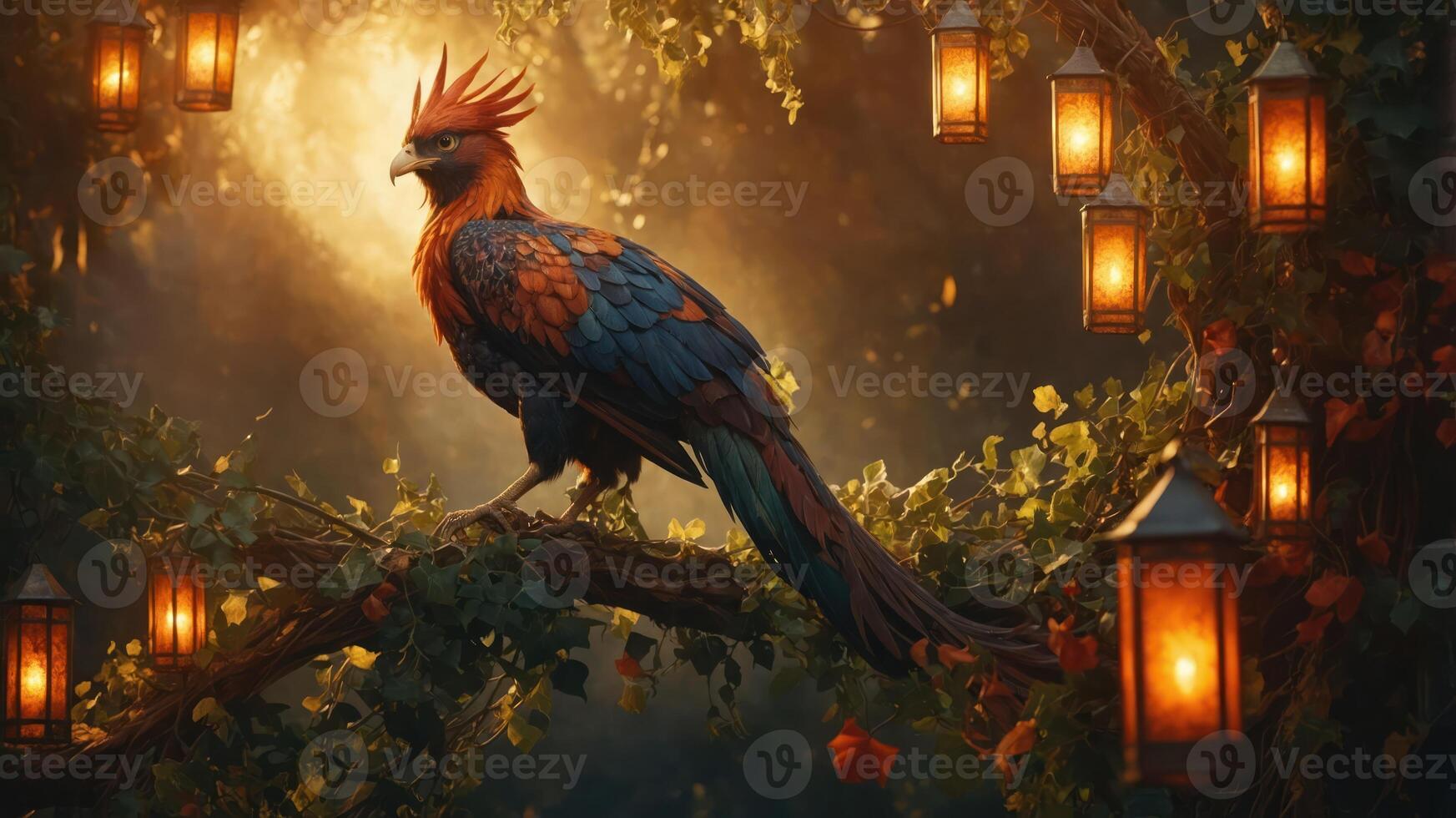A vibrant mythical bird perched among glowing lanterns in a lush, enchanted forest. photo