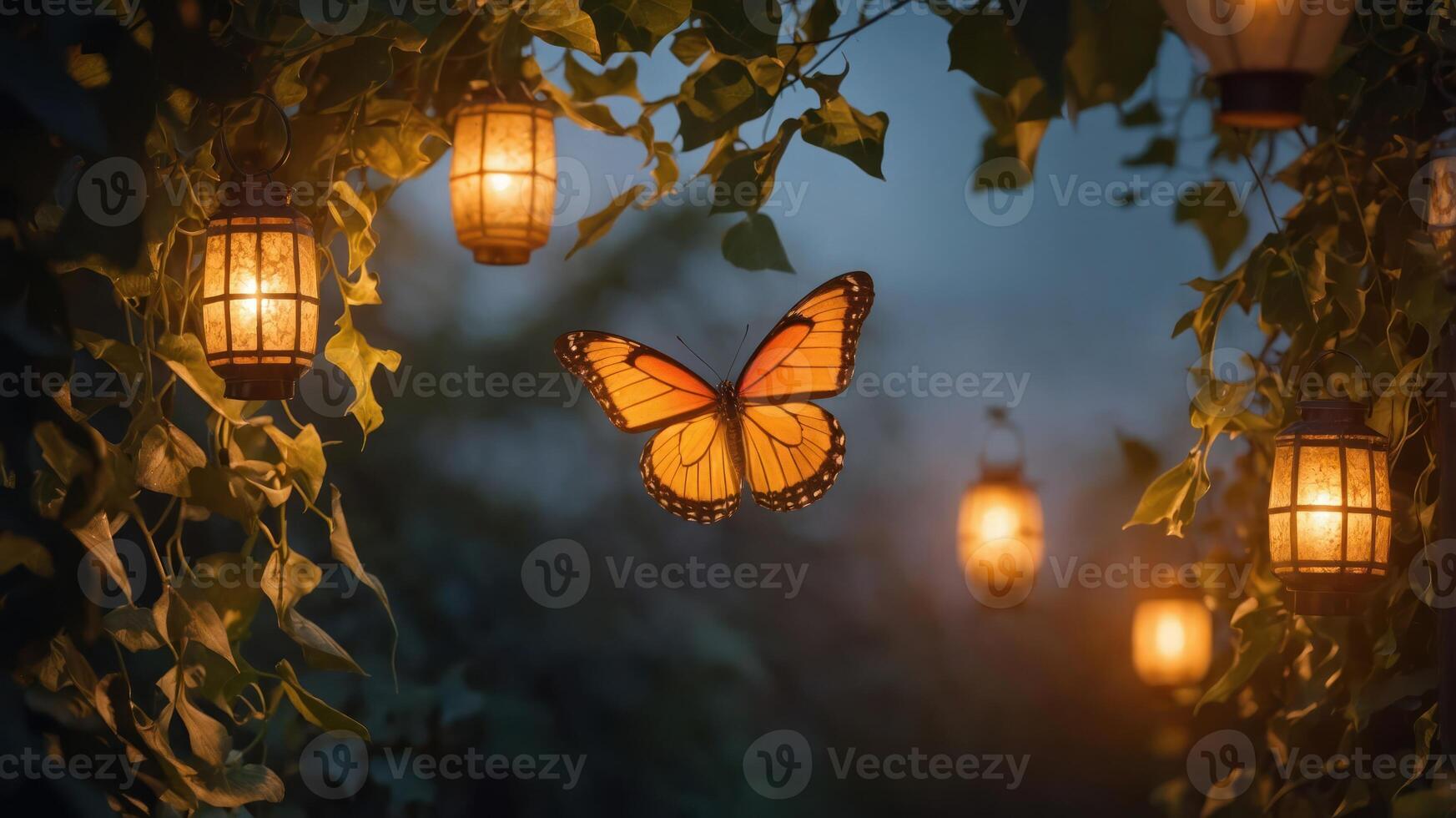 A butterfly flutters among glowing lanterns and lush foliage in a serene evening setting. photo
