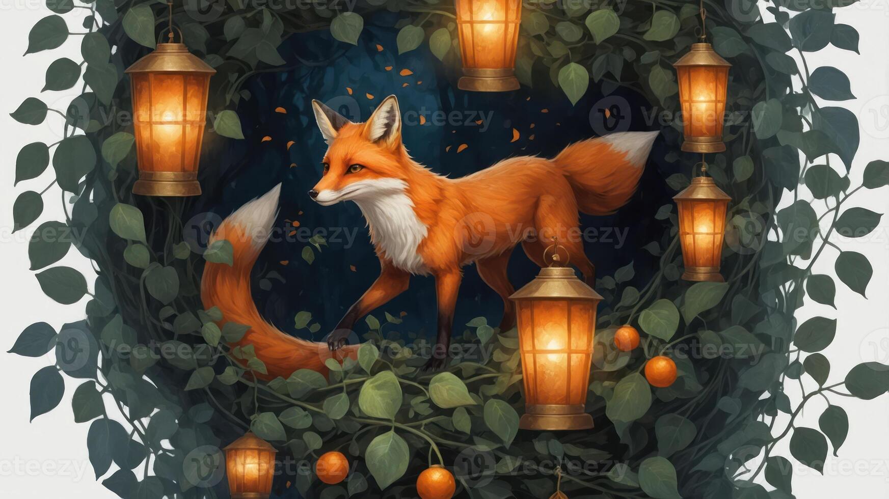 A whimsical fox surrounded by lanterns and foliage in a magical setting. photo